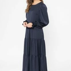 Seeking Lola Fashion Day Dream Navy Satin LS Tiered Midi Dress