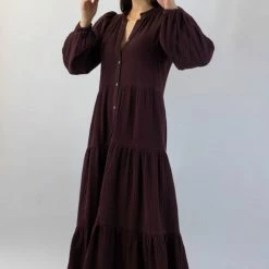 Ivy + Jack Remi Raisin Cotton LS Frill V Neck Maxi Shirt Dress Fashion