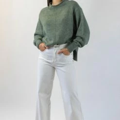 Among The Brave Famous Soft Khaki Mohair Blend Boxy Funnel Neck Knit Fashion