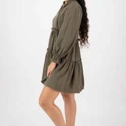 Ivy + Jack Billie Khaki Cotton LS Frill V Neck Tiered Mini Dress