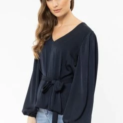 Billie The Label Big Love Navy Satin LS V Neck Tie Waist Top