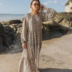 Among The Brave Aida Natural Animal LS Puff Sleeve Button Front Tiered Maxi Dress Fashion