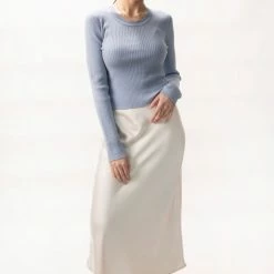 Among The Brave Inspired Soft Blue LS Rib Knit Cropped Crew Neck Top