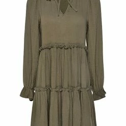 Ivy + Jack Billie Khaki Cotton LS Frill V Neck Tiered Mini Dress