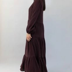 Ivy + Jack Remi Raisin Cotton LS Frill V Neck Maxi Shirt Dress Fashion