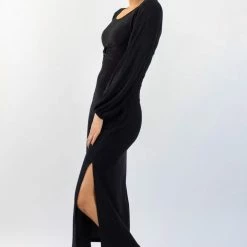 Among The Brave New Moon Black Shimmer LS Puff Sleeve Ring Midi Dress