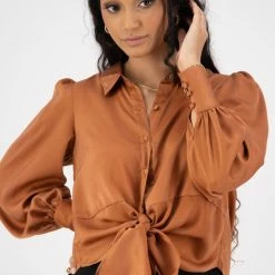 Among The Brave Victory Copper Satin Tie Front Puff Sleeve Shirt Fashion
