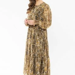 Seeking Lola Day Dream Golden Paisley LS Tiered Midi Dress Fashion