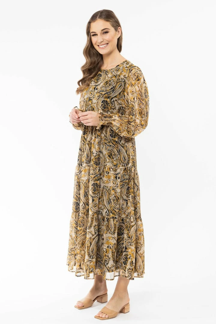 Seeking Lola Day Dream Golden Paisley LS Tiered Midi Dress Fashion