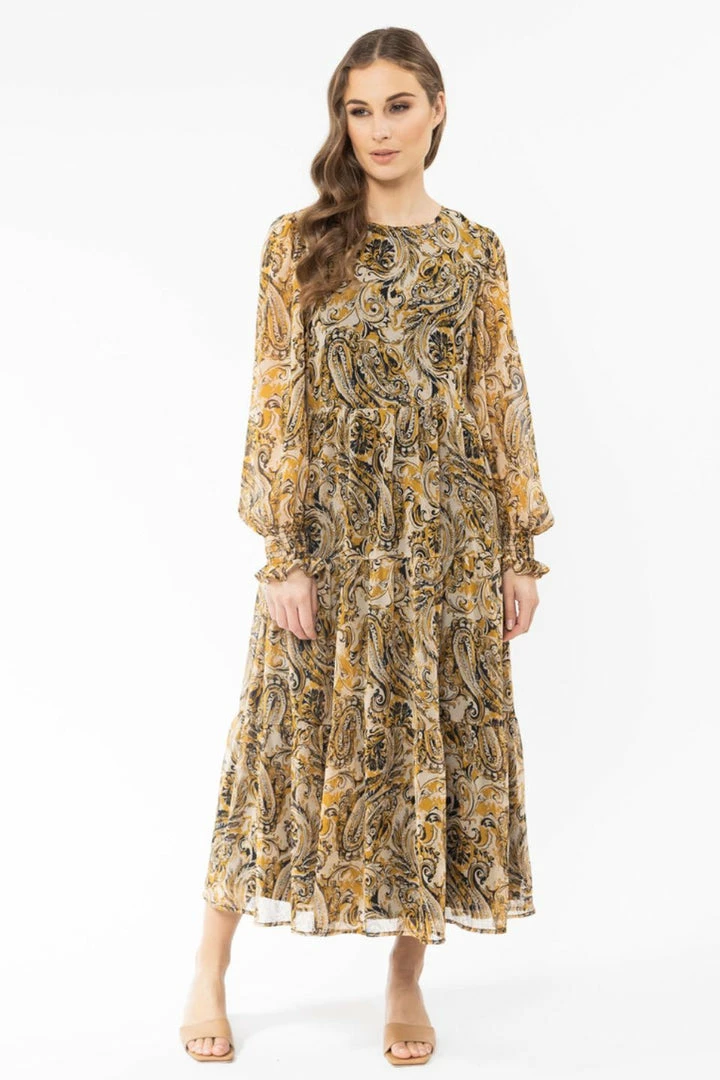 Seeking Lola Day Dream Golden Paisley LS Tiered Midi Dress Fashion