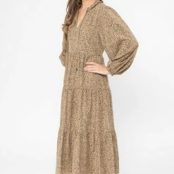 Seeking Lola Composed Tan Leopard Mid Sleeve Frill V Neck Tiered Midi Dress Fashion