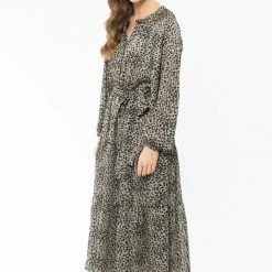 Billie The Label Admiration Khaki Leopard LS Tie Waist Midi Dress Fashion