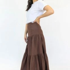 Among The Brave Fashion Blazing Chocolate Tiered Linen Midi Skirt