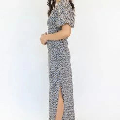 Among The Brave Amora Periwinkle Blue Floral SS Puff Sleeve Panel Bodice Bias Maxi Slip Dress