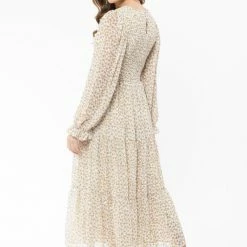 Billie The Label Awaken Caramel Floral Shirred Bodice LS Tiered Maxi Dress Fashion