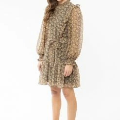 Seeking Lola Wondrous Marigold Petal LS High Neck Frill Smock Dress Fashion