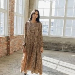 Ivy + Jack Gigi Tan Mini Satin Leopard Blouson LS Tiered Maxi Dress