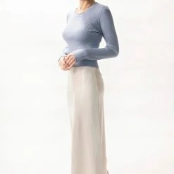 Among The Brave Inspired Soft Blue LS Rib Knit Cropped Crew Neck Top