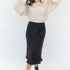 Ivy + Jack Ivy Black Washer Satin Midi Bias Skirt