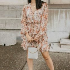 Ivy + Jack Evita Sand Floral LS V Neck Mini Tiered Dress