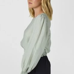 Among The Brave Fashion Pure Sage Crinkle LS Puff Sleeve Shirred Hem Top