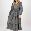 Ivy + Jack Fashion Kendall Black Check Blouson LS V Neck Tiered Midi Dress