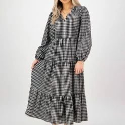 Ivy + Jack Fashion Kendall Black Check Blouson LS V Neck Tiered Midi Dress