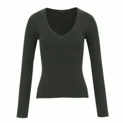 Among The Brave Desire Dark Khaki LS V Neck Rib Knit Top
