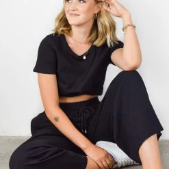 Among The Brave Fashion Time Out Black Wide Leg Stretch Jersey Relaxed Pant