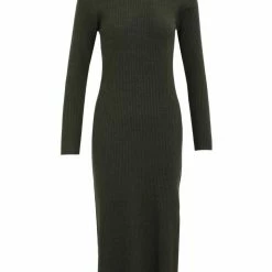 Ivy + Jack Fashion Dynamic Khaki Marle LS Rib Knit Crew Neck Midi Dress