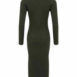 Ivy + Jack Fashion Dynamic Khaki Marle LS Rib Knit Crew Neck Midi Dress