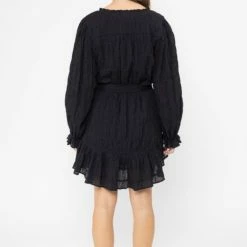 Seeking Lola Inspire Black Texture LS Frill Hem Shift Dress Fashion
