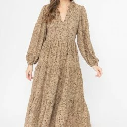 Seeking Lola Composed Tan Leopard Mid Sleeve Frill V Neck Tiered Midi Dress Fashion