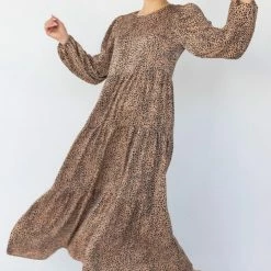 Ivy + Jack Gigi Tan Mini Satin Leopard Blouson LS Tiered Maxi Dress