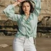 Among The Brave Elena Sage Ruffle Front Tie Neck LS Ruffle Sleeve Top Fashion