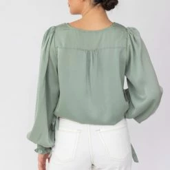 Among The Brave Fashion Violet Sea Foam LS Shirred Cuff Tie Hem Satin Top