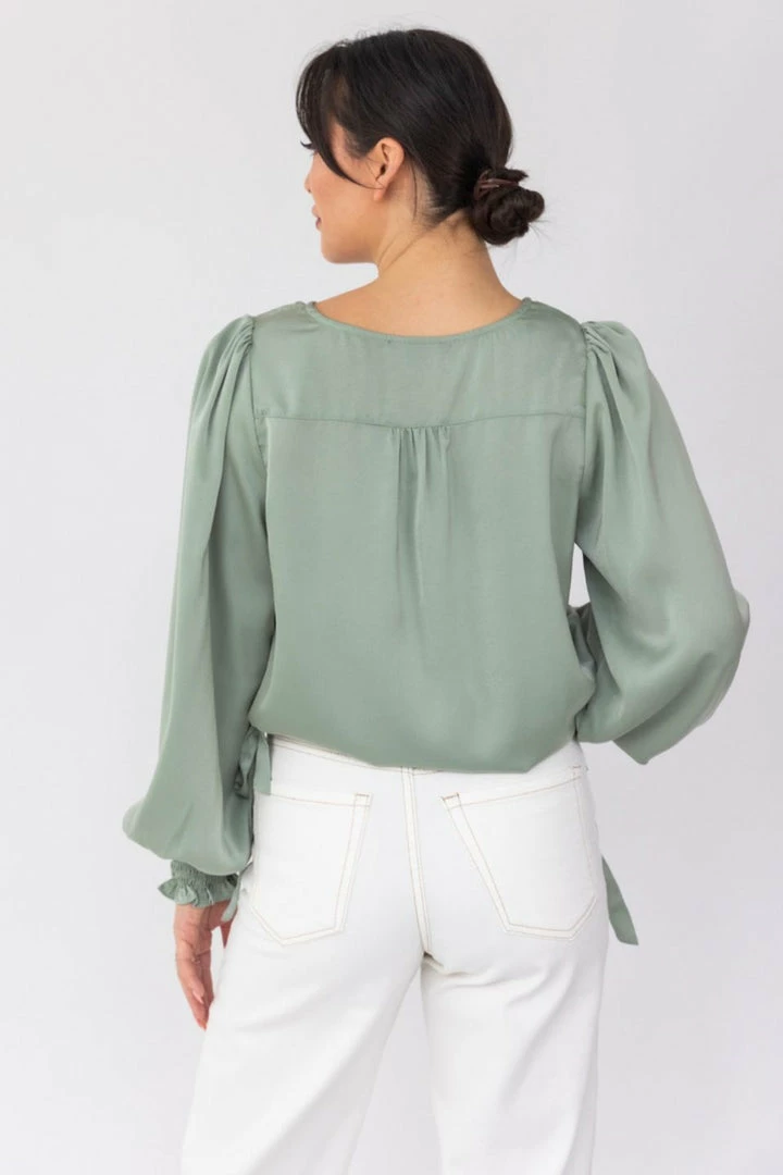 Among The Brave Fashion Violet Sea Foam LS Shirred Cuff Tie Hem Satin Top