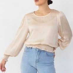 Among The Brave Pure Sand Puff Sleeve Shirred Blouse Fashion