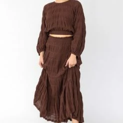Ivy + Jack Fashion Charming Cocoa Shirred Cotton Shirred Tiered Maxi Skirt