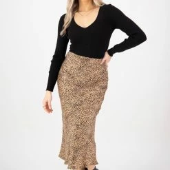 Ivy + Jack Ivy Tan Mini Leopard Satin Midi Bias Skirt Fashion