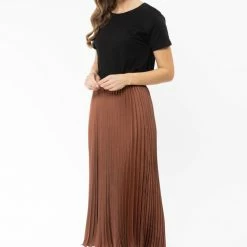 Billie The Label Fashion Sunray Rust Satin Pleated Midi Skirt