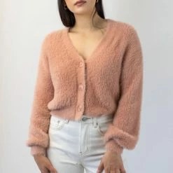 Among The Brave Fashion Tender Toffee Eyelash Yarn Blouson Sleeve Knit Cardigan