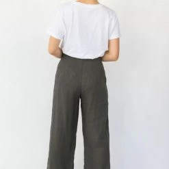 Among The Brave Freedom Dark Khaki Flat Front Deep Waistband Wide Leg Linen Pant Fashion
