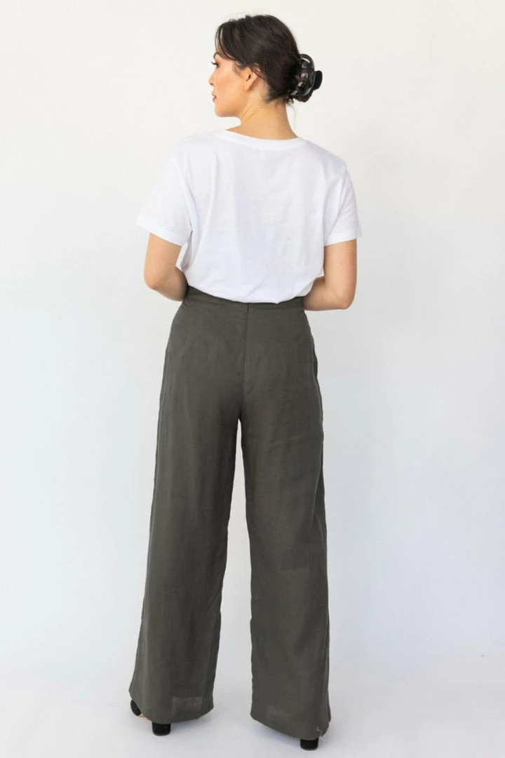 Among The Brave Freedom Dark Khaki Flat Front Deep Waistband Wide Leg Linen Pant Fashion