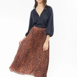 Leila + Luca Enticing Navy Bronze Leopard Pleated Midi Skirt