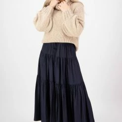 Among The Brave Fashion Sensational Navy Tiered Satin Tie Waist Maxi Skirt