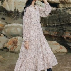 Ivy + Jack Fashion Remi Natural Animal LS Frill V Neck Maxi Shirt Dress