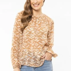 Seeking Lola United Caramel Leaves LS Blouse