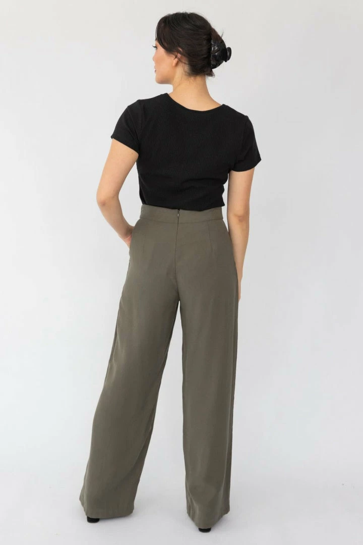 Among The Brave Effortless Khaki Viscose Deep Band Wide Leg Pant Fashion