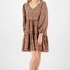 Ivy + Jack Elsa Peach Leopard Satin V Neck Mid Sleeve Smock Dress Fashion
